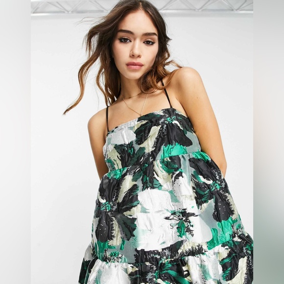 NWT US 10 ASOS EDITION tiered cami midi dress in abstract floral jacquard - Picture 3 of 12